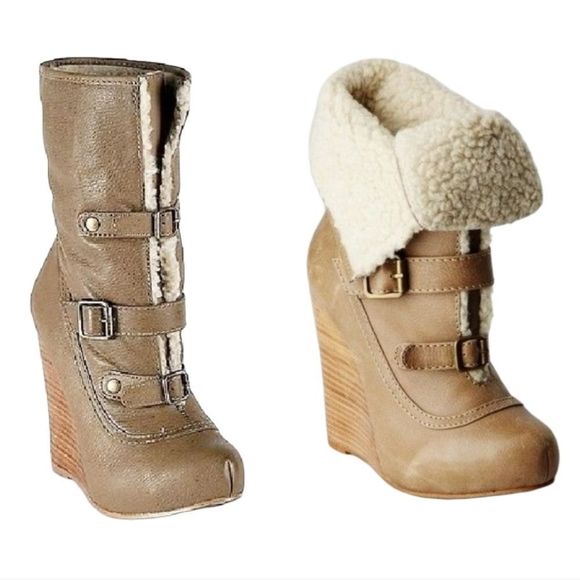 Betsey Johnson Shoes - Betsey Johnson leather  Shearling lined buckle wedge boots